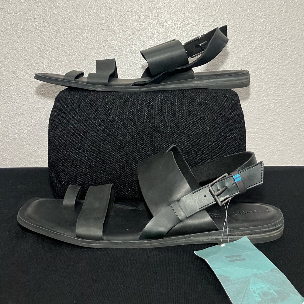 WOMEN'S TOMS FREYA BLACK VEG TAN LEATHER SLING BACK STRAP SANDAL NWOB